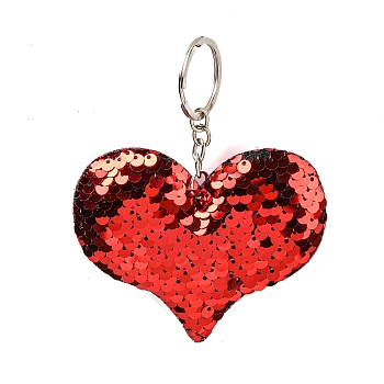 PVC Reflective Sequin Heart Pendant Keychain, with Platinum Plated Iron Findings, for Car Keychain Bag Ornament, Red, 11.5~12cm