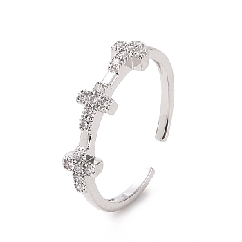 Clear Cubic Zirconia Cross Open Cuff Ring, Brass Jewelry for Women, Platinum, Inner Diameter: 17.6mm