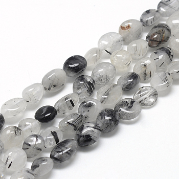 Natural Black Rutilated Quartz Beads Strands, Oval, 6~10x4~7x4~7mm, Hole: 1mm, about 43~62pcs/strand, 15.7 inch.