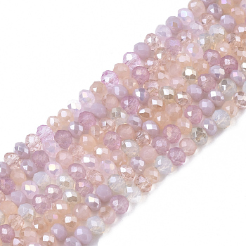 Chapelets de perles en verre galvanoplastique, de couleur plaquée ab , facette, rondelle, rose, 3x2.5mm, Trou: 0.7mm, environ 188~190 pièces/16.93 pouces ~ 17.71 pouces (43~45 cm)