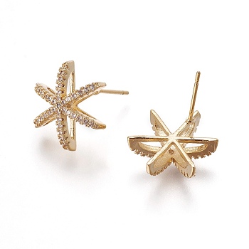 Brass Micro Pave Cubic Zirconia Ear Stud Components, Snowflake, Clear, Golden, 16x14x5mm, Pin: 0.7mm