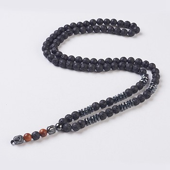 Natural Lava Rock Beads Pendant Necklaces, with Sandalwood Beads and Synthetic Hematite, Buddha, 31.5 inch(80cm), Pendant: 55x8mm