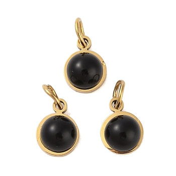 Ion Plating(IP) Natural Black Onyx(Dyed & Heated) Half Round Charms with Jump Ring, Golden Tone 316 Surgical Stainless Steel Charms, 7.5x6x3.5mm, Hole: 2.5mm