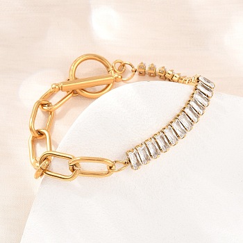 304 Stainless Steel Pave Clear Cubic Zirconia Link Bracelets, Paperclip Chain Bracelets for Women, Rectangle, Ion Plating(IP), Long-Lasting Plated, Golden, 6.69 inch(17cm)