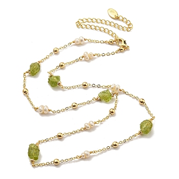 Natural Pearl & Natural Peridot Beaded Necklaces, Brass Jewelry for Women, Real 14K Gold Filled, 17.32 inch(44cm)