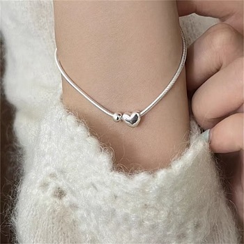 Heart & Round Brass Beaded Bracelets, Snake Chain Bracelets for Women, Silver, 7-1/8 inch(18cm)