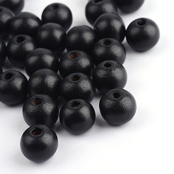 Dyed Natural Wood Beads, Round, Black, 10x9mm, Hole: 3.5mm