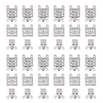 100 Sets 2-Strands 4-Holes 304 Stainless Steel Box Clasps, Multi-Strand Clasps, Rectangle with Flower, Stainless Steel Color, 15x10x3mm, Hole: 1mm
