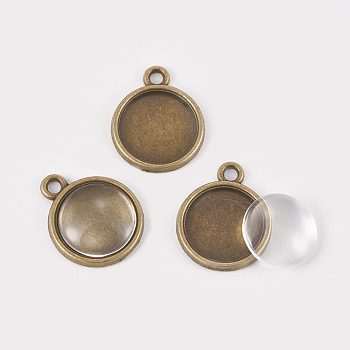 DIY Pendant Making, with Alloy Pendant Cabochon Settings and Clear Glass Cabochons, Flat Round, Antique Bronze, Pendant Cabochon Setting: 18x15x2mm, Hole: 1mm, Tray: 12mm, Glass Cabochon: 11.5~12x4mm, 2pcs/set