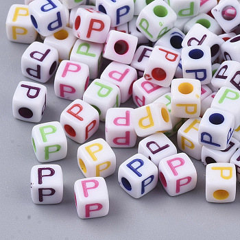 White Opaque Acrylic Beads, Horizontal Hole, Cube with Mixed Color Letter, Letter.P, 5x5x5mm, Hole: 2mm, about 5000pcs/500g