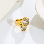 Stainless Steel Pave Cubic Zirconia Finger Rings, Round with Oval, Golden, US Size 7(17.3mm)(WG80F2A-01)