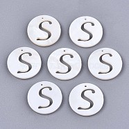 Natural Freshwater Shell Charms, Flat Round with Hollow Out Letter, Letter.S, 14.5x1.5mm, Hole: 0.9mm(SHEL-S276-119S)