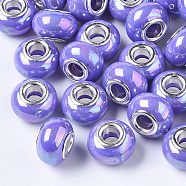 Opaque Resin European Beads, Large Hole Beads, Imitation Porcelain, with Platinum Tone Brass Double Cores, AB Color, Rondelle, Lilac, 14x9mm, Hole: 5mm(RPDL-T038-007G)