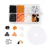 3 Colors 1155Pcs DIY Halloween Theme Stretch Bracelets Making Kits, Including Round Glass Seed Beads, Polymer Clay Heishi Beads, Polycotton Tassel, Acrylic Letter Beads and 8m Elastic Crystal Thread, Mixed Color, 4mm, Hole: 1.5mm(DIY-LS0001-22A)