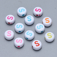 Craft Acrylic Horizontal Hole Letter Beads, Flat Round, Mixed Color, Letter.S, 7x3.5~4mm, Hole: 1.5mm, about 3600pcs/500g(SACR-S201-11S)