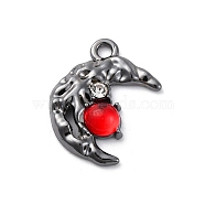 Gothic Rack Plating Alloy Pendants, with Red Rhinestone, Gunmetal, Moon, 18x15x4mm, Hole: 1.8mm(PALLOY-V002-12B-03)