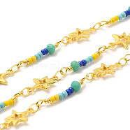 Brass Star Handmade Beaded Chains, with Glass Beads, with Spool, Unwelded, Real 18K Gold Plated, 12~21x3.5~8x1.5~3.5mm, about 32.81 Feet(10m)/Roll(CHC-P011-G01-G)