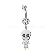 Piercing Jewelry, Brass Cubic Zirciona Navel Ring, Belly Rings, with 304 Stainless Steel Bar, Lead Free & Cadmium Free, Skull, Platinum, 47mm, Pendant: 25x11mm, Bar: 14 Gauge(1.6mm), Bar Length: 3/8"(10mm)(AJEW-EE0006-56P)