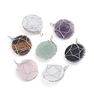 Mixed Gemstone Wire Wrapped Pendants, with Platinum Plated Brass Wire, Flat Round, 35~36x27~29x10~11mm, Hole: 5x5mm(G-E566-05)