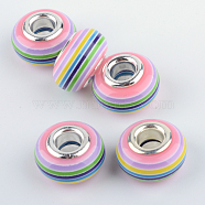 Resin European Beads, Large Hole Beads, with Silver Plated Brass Double Cores, Stripe, Rondelle, Pink, 14x8~8.5mm, Hole: 5mm(RPDL-S003-01)