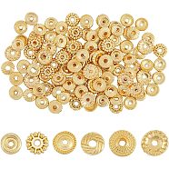 SUPERFINDINGS 120Pcs 6 Styles Rack Plating Alloy Spacer Beads, Lead Free & Cadmium Free, Long-Lasting Plated, Flat Round/Disc, Golden, 8~8.5x2~3mm, Hole: 1.5~2mm, 20pcs/color(KK-FH0004-68)