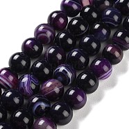 Natural Striped Agate/Banded Agate Beads Strands, Dyed, Round, Indigo, 10mm, Hole: 1.2mm, about 19pcs/strand, 7.60''(19.3cm)(G-Z060-A01-C12)