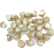 Cat Eye Charms, with Golden Tone Brass Findings, Round Charm, White, 10mm(FIND-SZC0010-609)