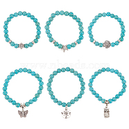 6Pcs 6 Style Synthetic Turquoise Round Beaded Stretch Bracelets Set, Helm & Butterfly & Owl Alloy Charms Stackable Bracelets for Women, Inner Diameter: 2~2-1/8inch(5.2~5.8cm), 1Pc/style(BJEW-AN0001-20)