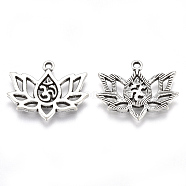 Tibetan Style Alloy Pendants, Cadmium Free & Lead Free, Lotus with Yoga/Om Symbol Pattern, Antique Silver, 16x20x1.5mm, Hole: 1.4mm, about 750pcs/1000g(TIBE-S314-32AS-LF)