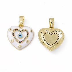 Brass Enamel Pendants, Micro Pave Cubic Zirconia, with Glass Rhinestone, Real 18K Gold Plated, Heart with Evi Eye Charm, White, 17.5x16x2.5mm, Hole: 5x2mm(KK-E068-VC036)