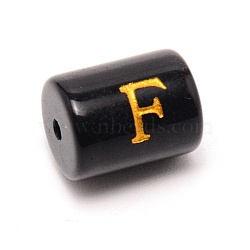 Painted Glass Beads, Black Column with Gold Letter, Letter.F, 13.7x10mm, Hole: 1.5mm(GLAA-TAC0009-01F)