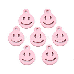 Spray Painted Alloy Charms, Cadmium Free & Lead Free, Flat Round with Smiling Face, Pink, 12.5x9.5x1.5mm, Hole: 1.5mm(X-PALLOY-T075-121C-RS)