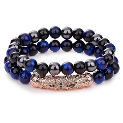 2Pcs 2 Style Natural Tiger Eye & Gemstone Stretch Bracelets Set, Cubic Zirconia Tube Beaded Essential Oil Gemstone Bracelet for Women, Dark Blue, Inner Diameter: 2-1/8 inch(5.5cm), 1Pc/style(BJEW-SW00090)