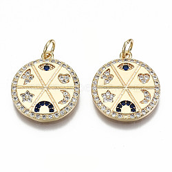 Brass Micro Pave Colorful Cubic Zirconia Pendants, Nickel Free, Flat Round, Real 18K Gold Plated, 19x17x2mm, Jump Ring: 5x0.7mm, 3mm inner diameter(KK-S356-225G-NF)