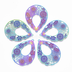 Ion Plating(IP) 304 Stainless Steel Filigree Pendants, Etched Metal Embellishments,  teardrop, with Flower, Rainbow Color, 39x30x0.4mm, Hole: 1.6mm(X-STAS-T057-15)