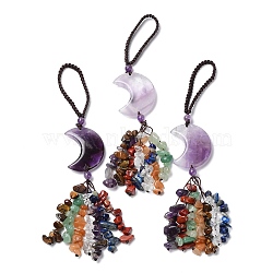 Moon Natural Amethyst Pendant Decorations, Nylon Cord and Gemstone Chip Tassel Hanging Ornaments, 150~155mm(HJEW-R127-01B)