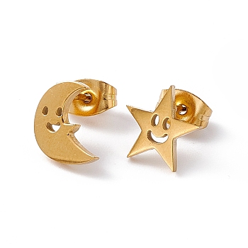 304 Stainless Steel Tiny Hollow Out Star and Moon Asymmetrical Earrings, Smiling Face Stud Earrings for Women, Golden, 9.4x7mm, 9x9.4mm, Pin: 0.5mm