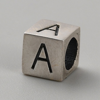 Sterling Silver Beads, Cube, European Bead, Letter A, 6x6x6mm, Hole: 4.5mm