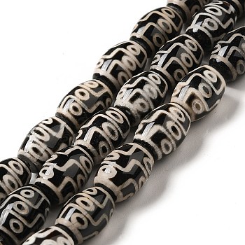 Tibetan Style dZi Beads Strands, Natural & Dyed Agate Beads, Rice, Black, 9-Eye, 13~14x9.5~10mm, Hole: 1.4mm, about 25pcs/strand, 13.58 inch(34.5cm)