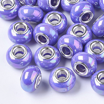 Opaque Resin European Beads, Large Hole Beads, Imitation Porcelain, with Platinum Tone Brass Double Cores, AB Color, Rondelle, Lilac, 14x9mm, Hole: 5mm