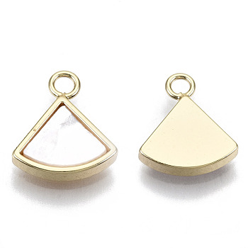Brass Charms, with Natural Shell, Nickel Free, Fan, Real 18K Gold Plated, Creamy White, 11x10x2mm, Hole: 1.6mm