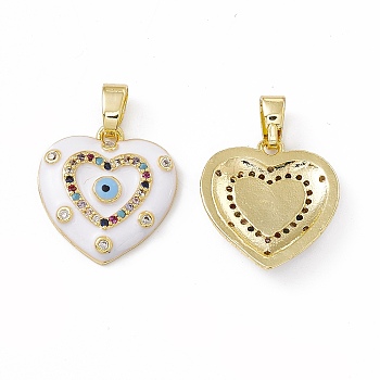 Brass Enamel Pendants, Micro Pave Cubic Zirconia, with Glass Rhinestone, Real 18K Gold Plated, Heart with Evi Eye Charm, White, 17.5x16x2.5mm, Hole: 5x2mm