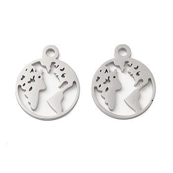 304 Stainless Steel Charms, Laser Cut, Flat Round with Map Charm, Stainless Steel Color, 14.5x12x1mm, Hole: 1.6mm