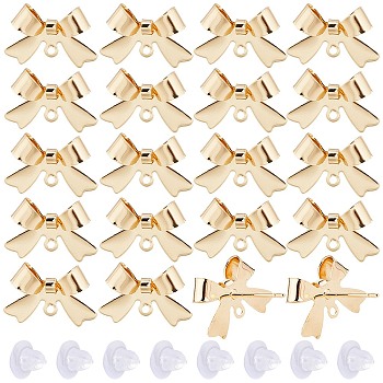 24Pcs Brass Stud Earring Findings, Bowknot, with Horizontal Loops & 20Pcs Plastic Ear Nuts, Real 18K Gold Plated, 11x16mm, Hole: 1.2mm, Pin: 0.6mm