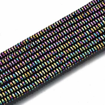 Rainbow Electroplate Non-magnetic Synthetic Hematite Beads Strands, Flat Round/Disc, Multi-color Plated, 2x1mm, Hole: 0.8mm, about 450~456pcs/strand, 15.75 inch~15.94 inch(40cm~40.5cm)