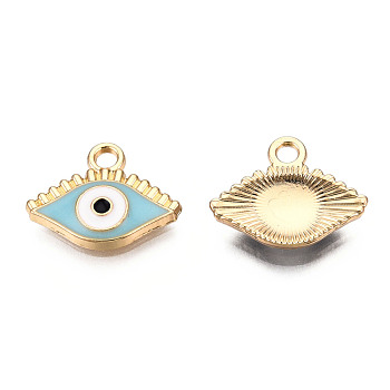 Light Gold Plated Alloy Enamel Pendants, Cadmium Free & Lead Free, Evil Eye, Cyan, 12x16x2mm, Hole: 2mm