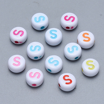 Craft Acrylic Horizontal Hole Letter Beads, Flat Round, Mixed Color, Letter.S, 7x3.5~4mm, Hole: 1.5mm, about 3600pcs/500g