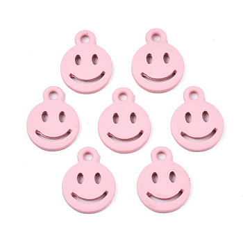 Spray Painted Alloy Charms, Cadmium Free & Lead Free, Flat Round with Smiling Face, Pink, 12.5x9.5x1.5mm, Hole: 1.5mm
