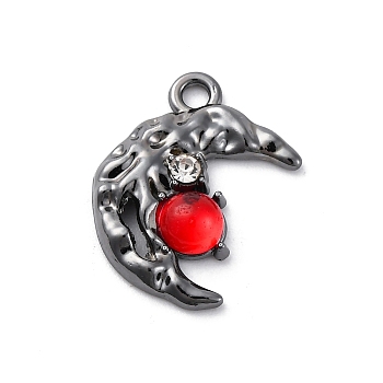 Gothic Rack Plating Alloy Pendants, with Red Rhinestone, Gunmetal, Moon, 18x15x4mm, Hole: 1.8mm