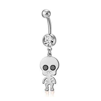 Piercing Jewelry, Brass Cubic Zirciona Navel Ring, Belly Rings, with 304 Stainless Steel Bar, Lead Free & Cadmium Free, Skull, Platinum, 47mm, Pendant: 25x11mm, Bar: 14 Gauge(1.6mm), Bar Length: 3/8"(10mm)